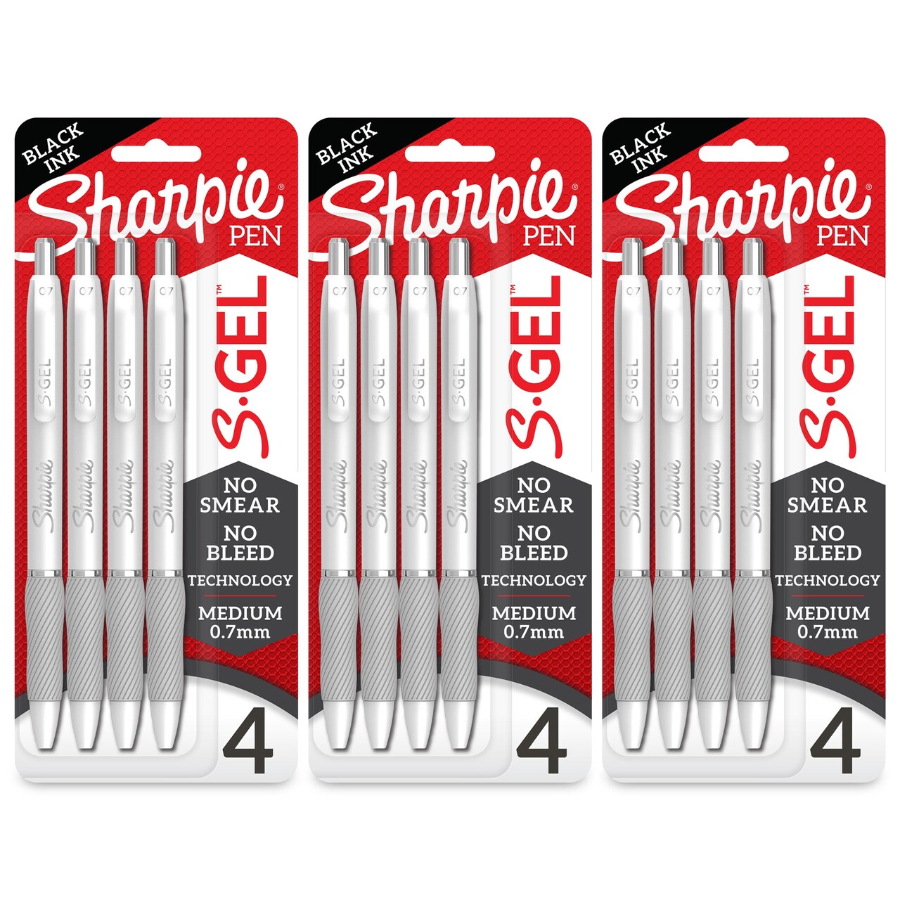 S-Gel, Gel Pens, Medium Point (0.7mm), Pearl White Body, Black Gel Ink  Pens, 4 Per Pack, 3 Packs